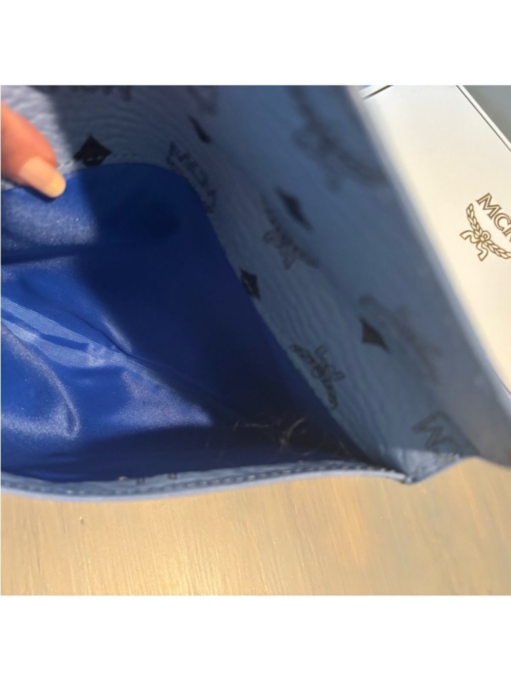 MCM Light Blue Logo Envelope Wallet clutch pouch like new with chain - Picture 7 of 11